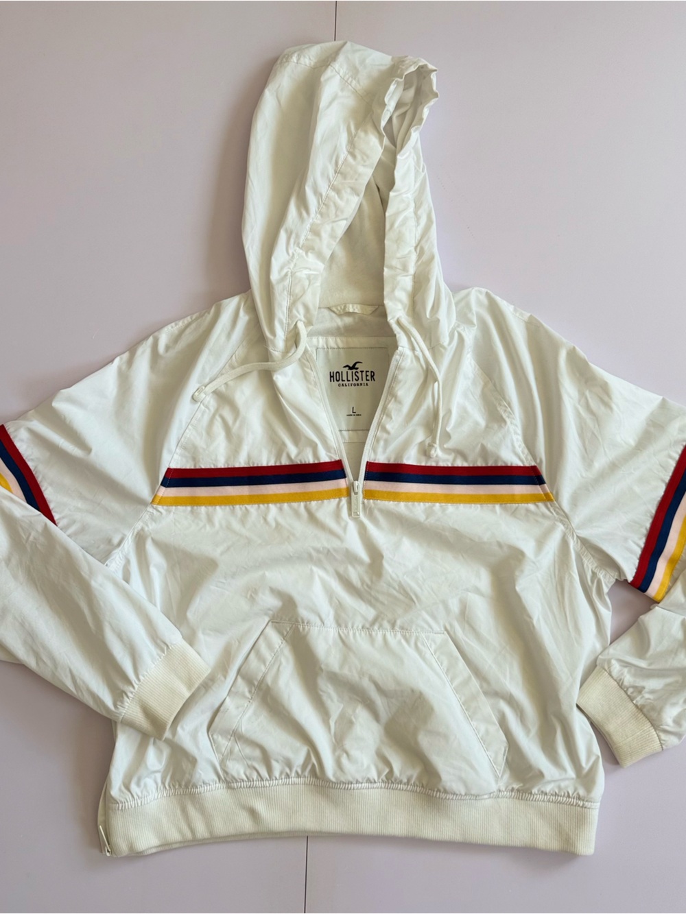Hollister White Hooded Windbreaker with Red, Navy & Yellow Stripes L